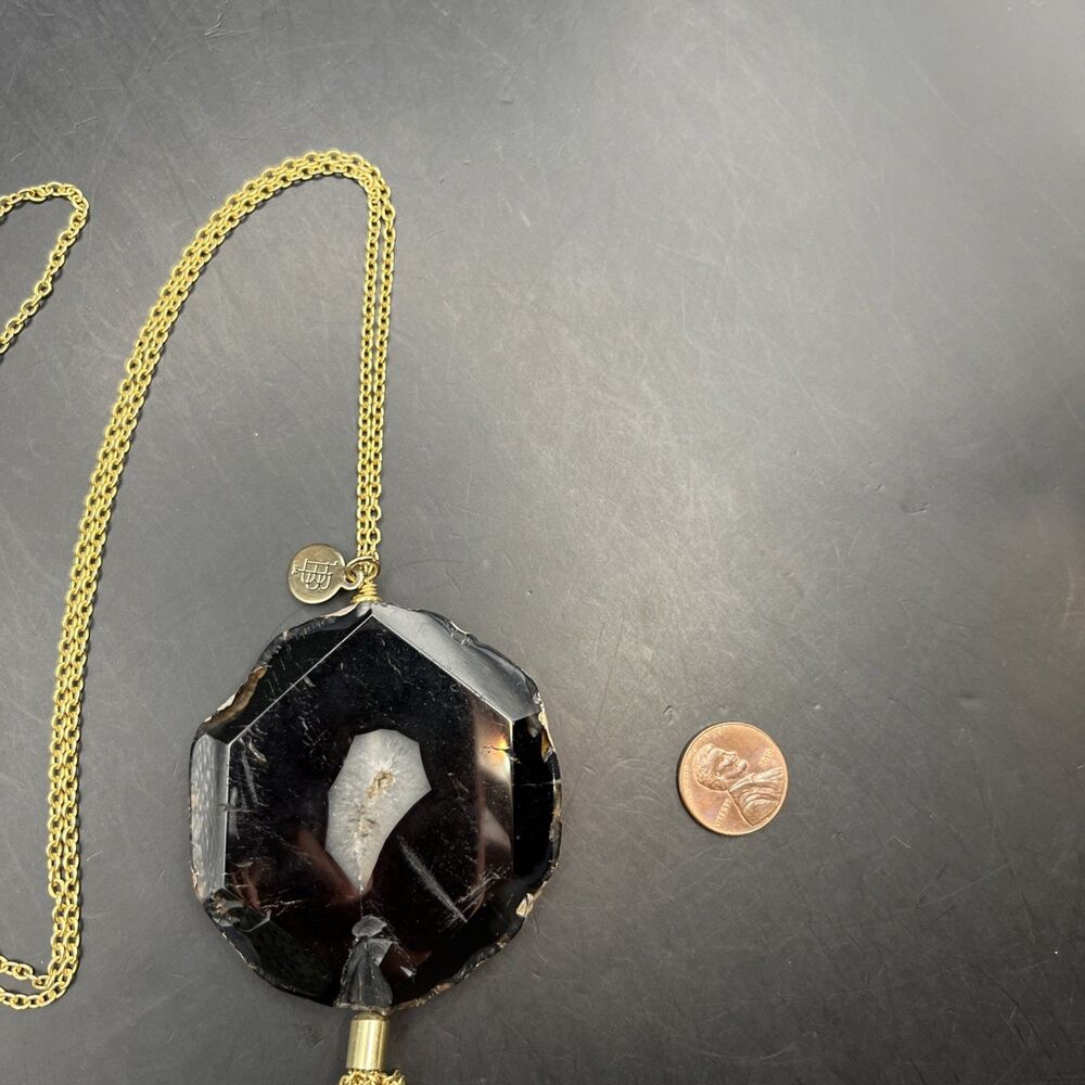 Bourbon And Bowties Boho Tassel Pendant Necklace Black Geode Gold Tone 30 In - Picture 4 of 6